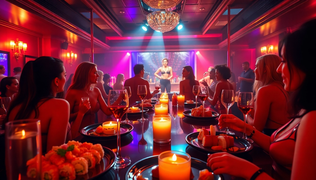 Experience Dinner sxm at Club Noir with vibrant body sushi and captivating performers in a luxurious atmosphere.