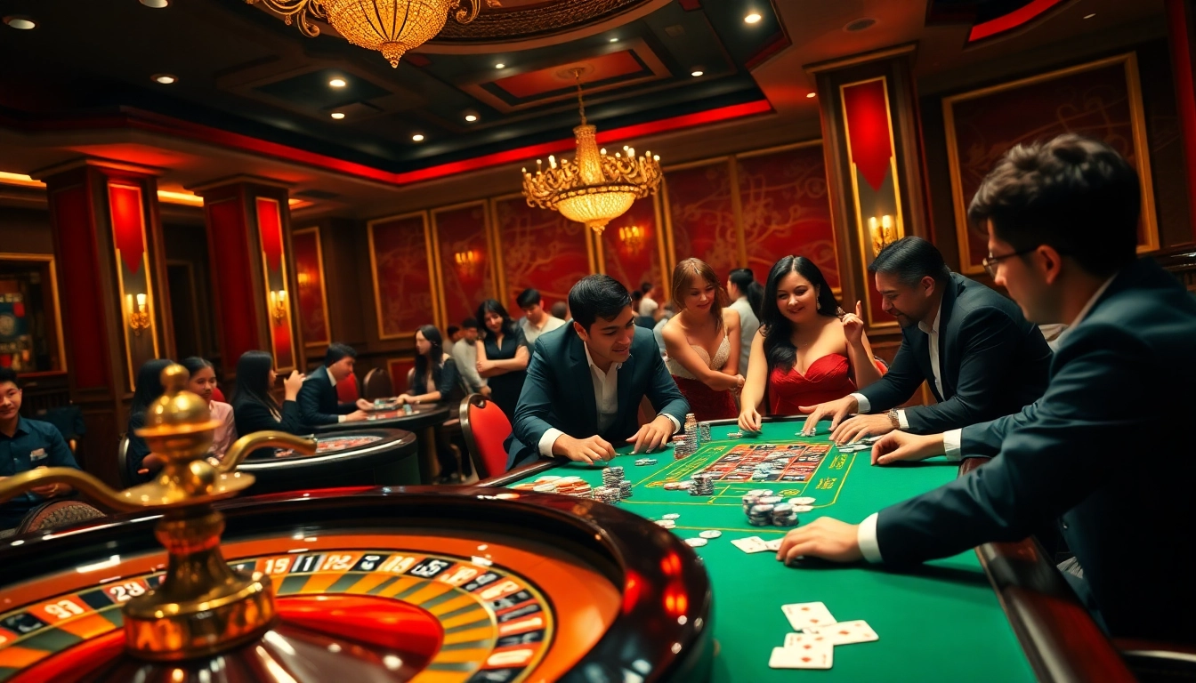 Engaging poker game at a luxurious casino setting at https://jun88buzz.info/ showcases the thrill of gambling.