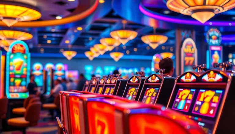 Menampilkan slot depo pulsa dengan mesin slot yang menarik dan lingkungan kasino yang modern.