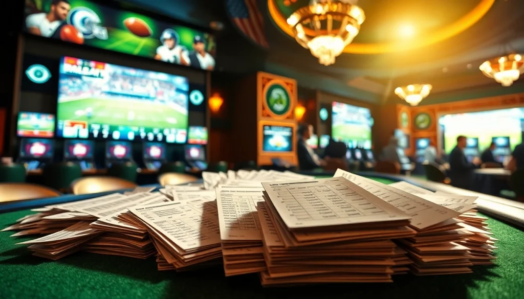 Engage with top sportsbooks in California displayed in a luxurious casino setting, capturing excitement and anticipation.