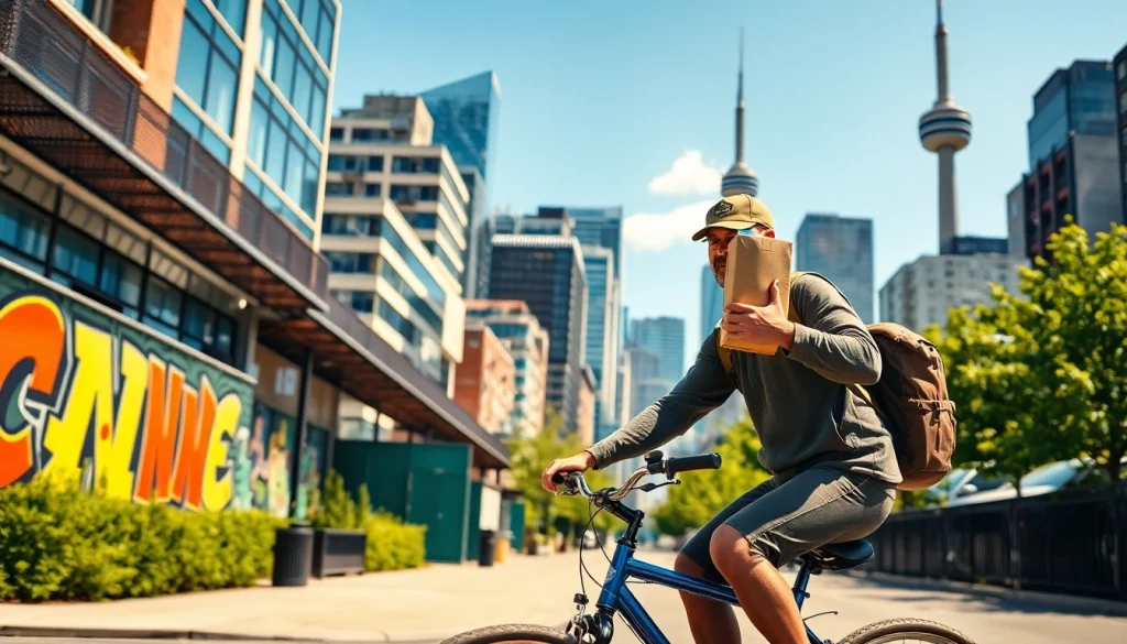 Cyclist delivering Toronto cannabis delivery package against Toronto skyline.