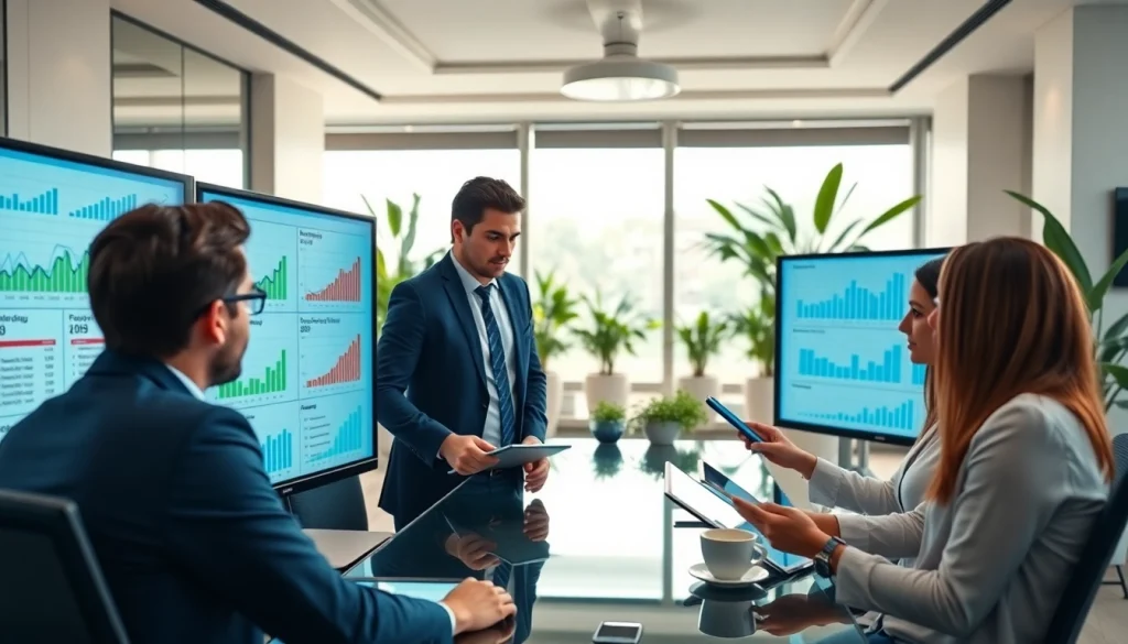 Analyze competitor pricing strategies with a diverse team in a modern office.