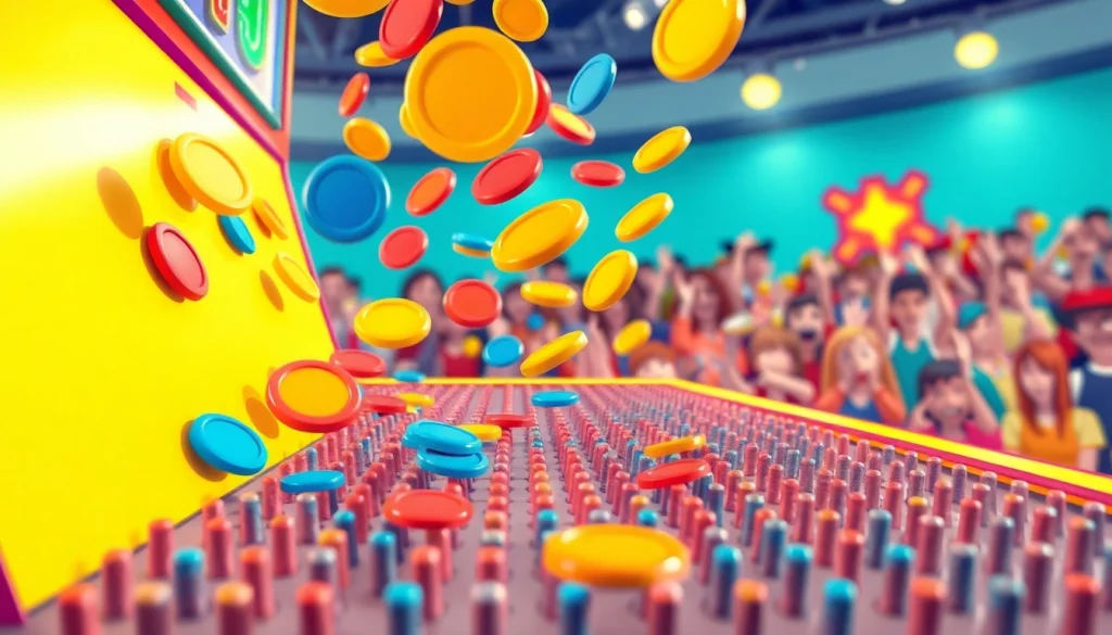 Menampilkan aksi menarik dari demo plinko dengan disk berwarna cerah yang turun.