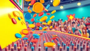 Menampilkan aksi menarik dari demo plinko dengan disk berwarna cerah yang turun.