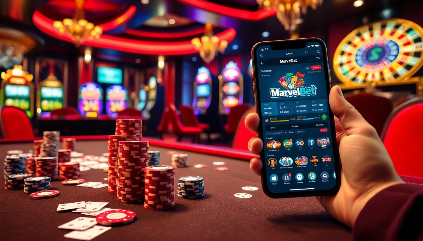 Experience thrilling action at Marvelbet.site with vibrant casino elements like poker chips and roulette wheels.