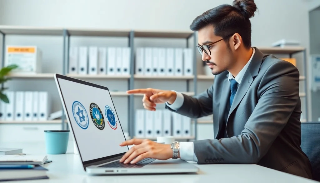 A consultant analyzing registration and certification in Federal databases with documentation and federal logos.