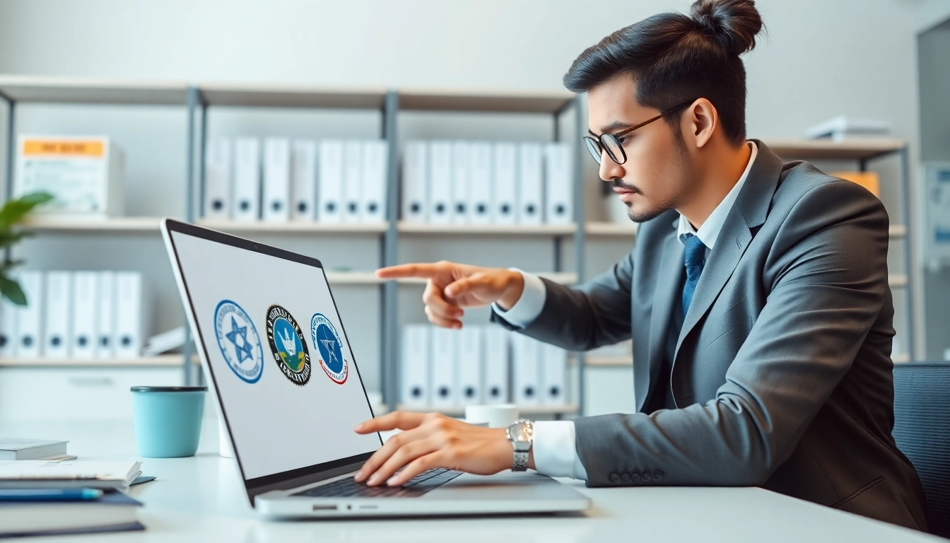 A consultant analyzing registration and certification in Federal databases with documentation and federal logos.