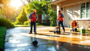 Concrete cleaning being performed by professionals, showcasing before and after results in Kissimmee, FL.
