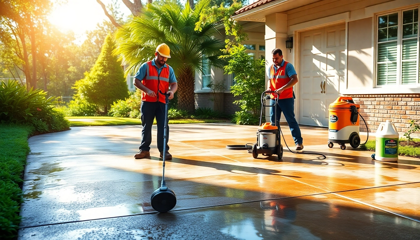 Concrete cleaning being performed by professionals, showcasing before and after results in Kissimmee, FL.