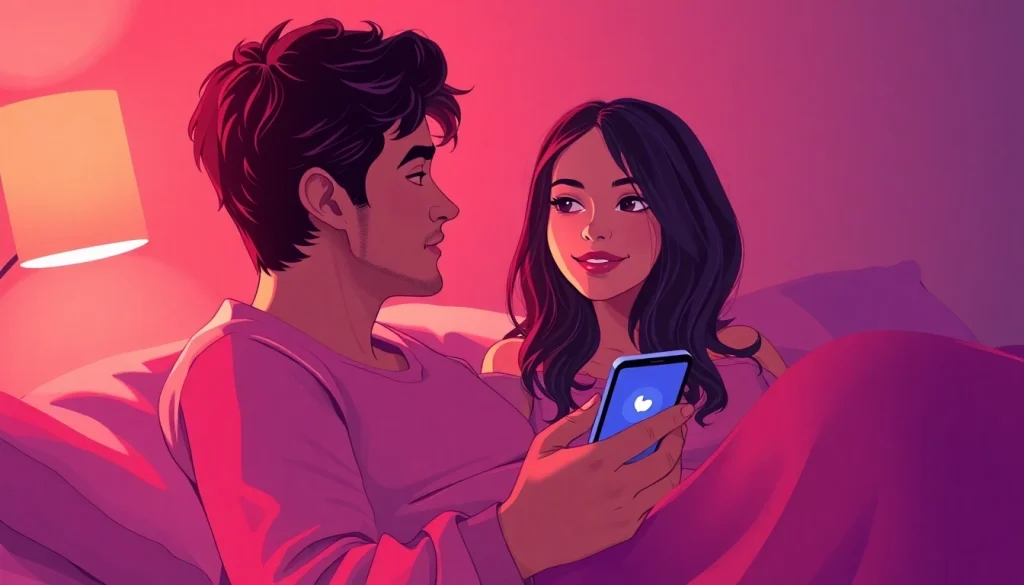 Sexting AI interaction in a cozy romantic setting with chatbot on smartphone
