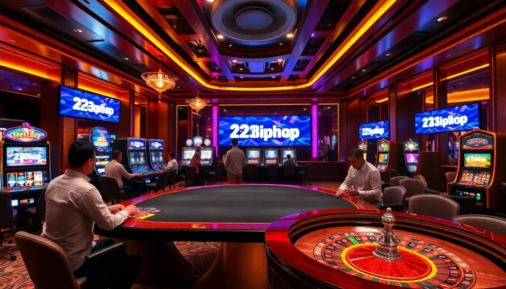 A vibrant casino scene featuring players at a gaming table with 23win.hiphop logo prominently displayed.