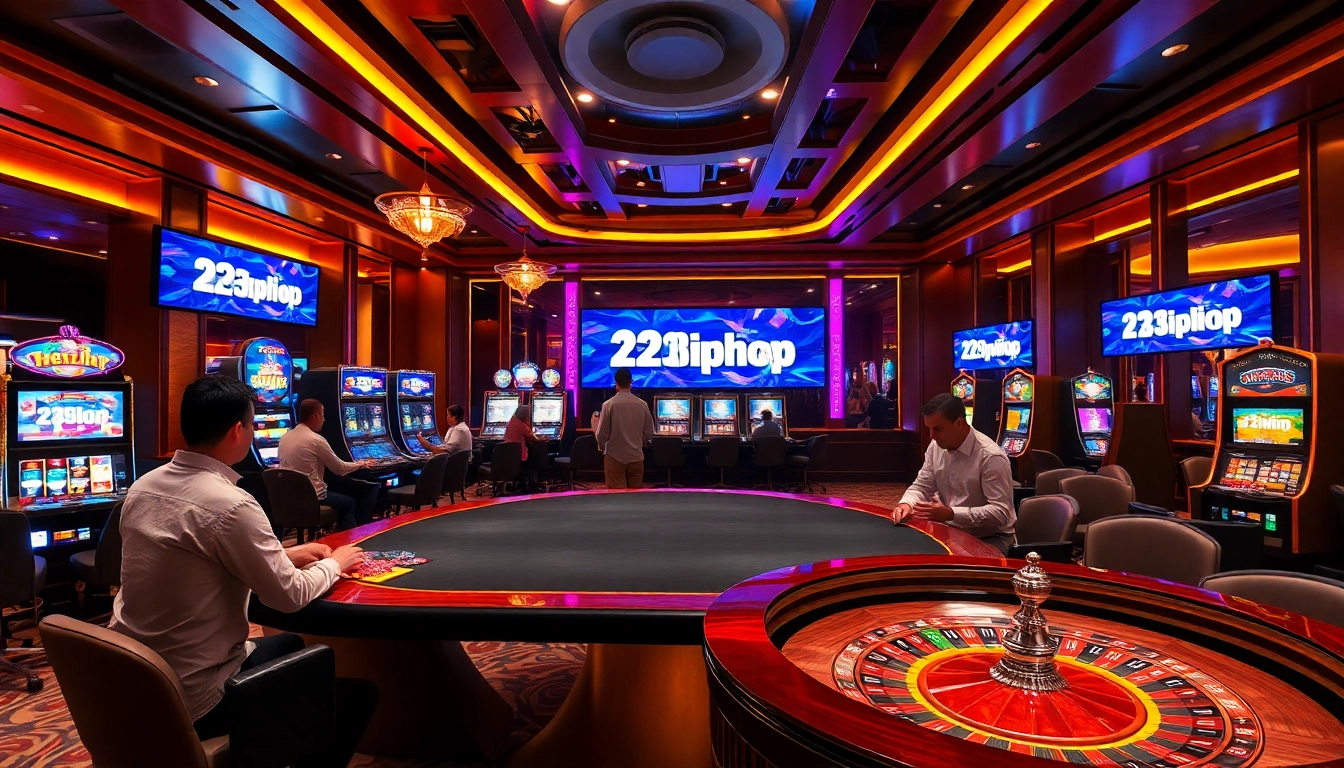 A vibrant casino scene featuring players at a gaming table with 23win.hiphop logo prominently displayed.