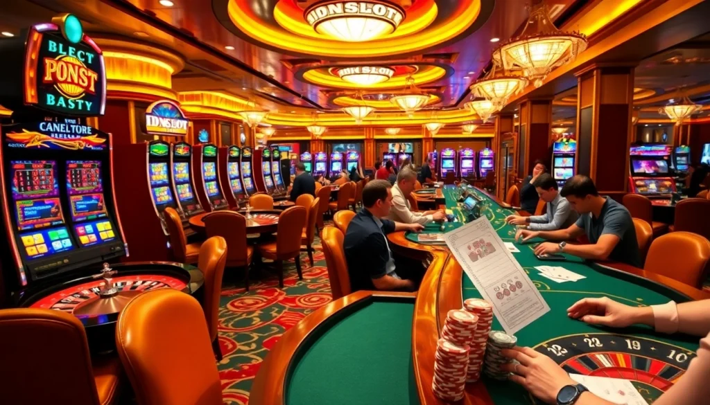 Experience high-stakes gaming at idnslot with vibrant slot machines and engaged players.