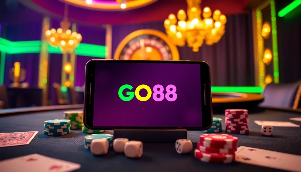 Engage with GO88's vibrant online gaming experience featuring poker chips and a roulette wheel.
