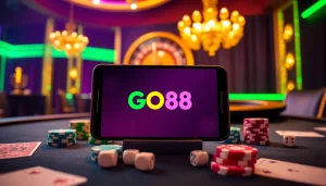 Engage with GO88's vibrant online gaming experience featuring poker chips and a roulette wheel.