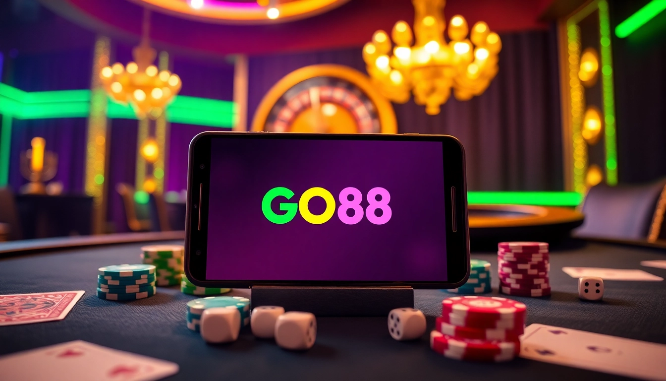 Engage with GO88's vibrant online gaming experience featuring poker chips and a roulette wheel.