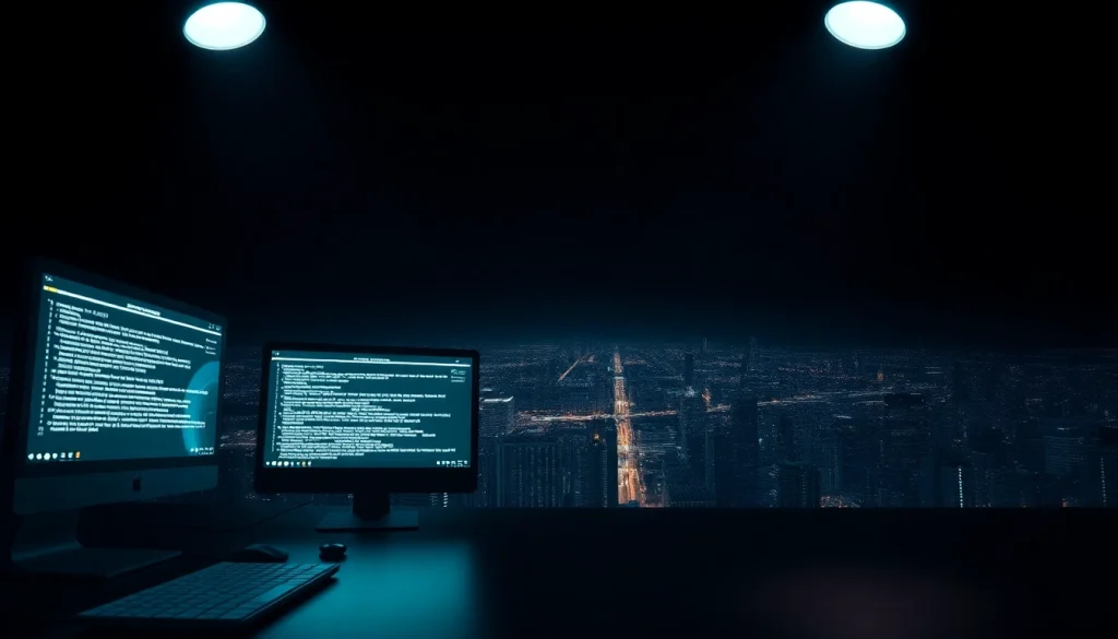 The Hidden Wiki dark web illustrated with glowing screens and a cityscape at night, reflecting mystery and caution.