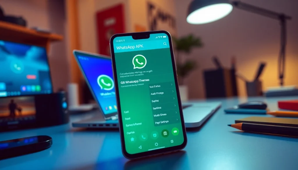 GB WhatsApp APK interface shown on a smartphone, highlighting customizable features.