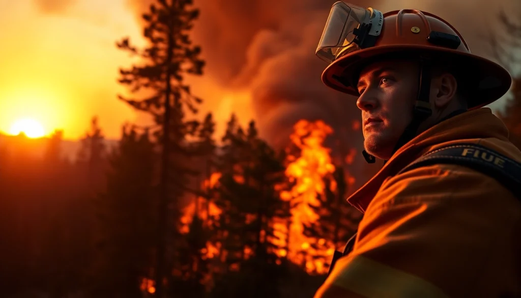 Firefighter combating wildfire events in a dramatic forest setting, showcasing urgency and danger.