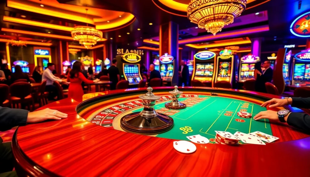 Players enjoying the vibrant casino atmosphere with J88-themed gaming elements.