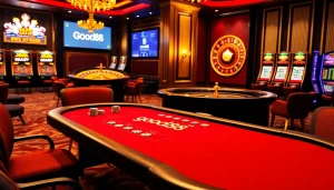 Experience the thrill of good88 with an elegant blackjack table and vibrant casino ambiance.