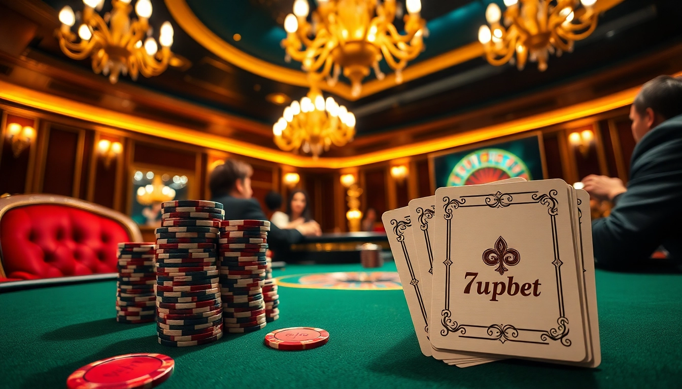 Exciting casino poker game scene featuring 7upbet with high-stakes bets and luxurious ambiance.