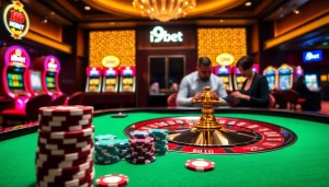 Experience the thrill of high stakes at i9bet's extravagant casino scene with vibrant gaming elements.