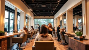 Hair salon San Diego interior showcasing hairstylists and Aveda products.