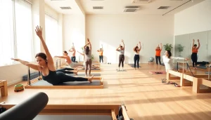 台東区のスタジオでピラティスを実践する参加者たち。活気に満ちた、歓迎感のある雰囲気を示しています。