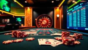 Engaging betting scene showcasing link alternatif sbobet with colorful chips and cards.