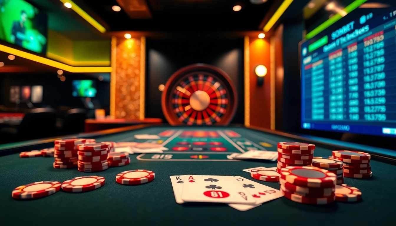 Engaging betting scene showcasing link alternatif sbobet with colorful chips and cards.