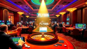 Exciting FLY88 đăng nhập scene featuring casino tables and players engaged in various games.