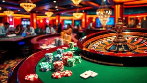 Experience thrilling action with the link alternatif sbobet at a luxurious casino table featuring colorful chips and cards.