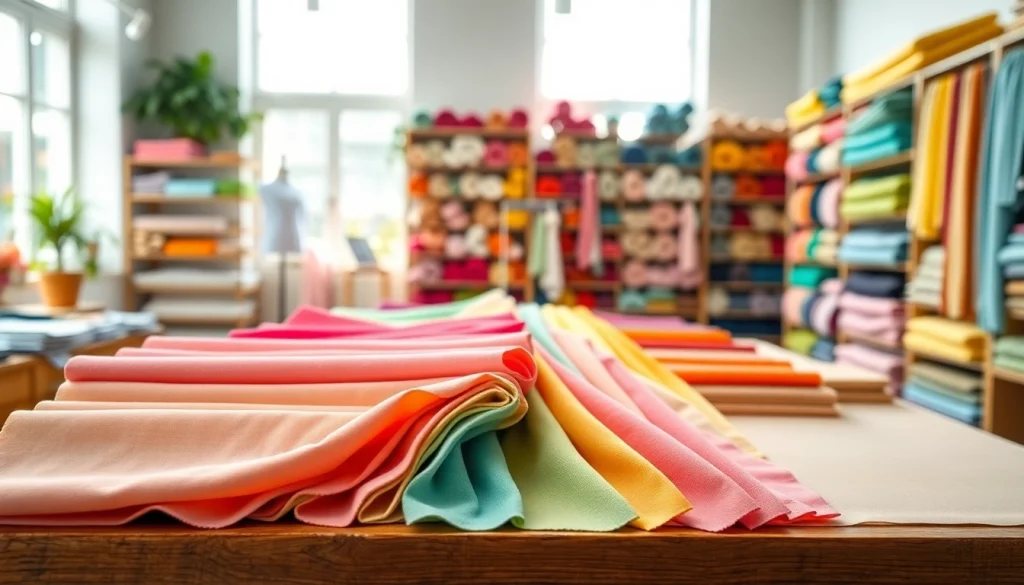 Bekijk kleurrijke tricot uni stoffen in een stijlvol textiel showroom met een interessante presentatie.