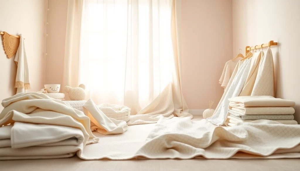 Stof voor pasgeboren baby's in een zachte, stijlvolle opstelling met pastelkleuren.