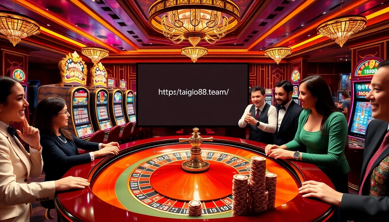 Players enjoying a thrilling roulette game at https://taigo88.team/, surrounded by vibrant casino elements.