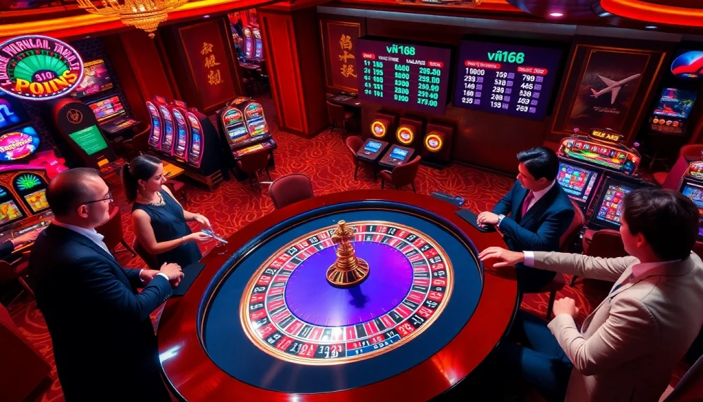 Players enjoy an exciting casino experience at a roulette table, embodying the thrill of vn168 betting.