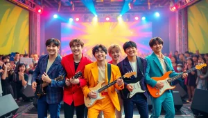 Showcasing the bts members in a vibrant performance setting, capturing their energy and unique styles.