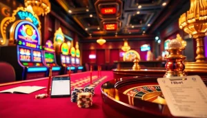 Experience the excitement of F8bet with a vibrant casino scene featuring poker chips and slot machines.