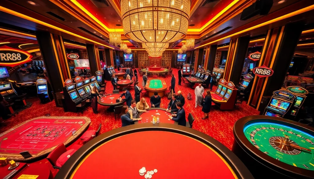 Experience RR88 excitement on a vibrant casino floor filled with gaming tables and slot machines.
