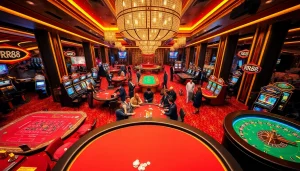 Experience RR88 excitement on a vibrant casino floor filled with gaming tables and slot machines.