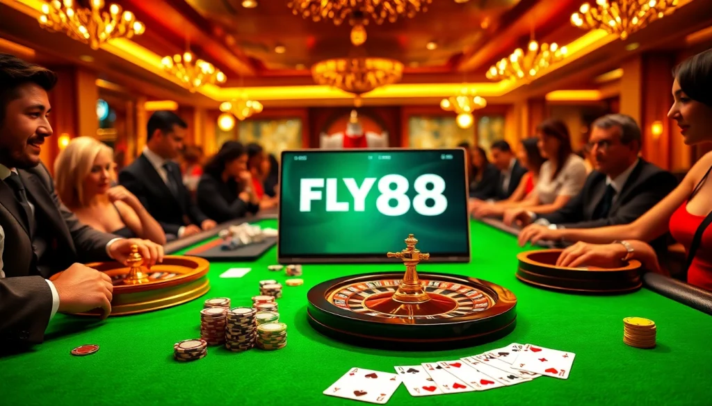 Engaging scene of FLY88 đăng nhập showcasing vibrant casino elements and luxurious ambiance.