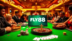 Engaging scene of FLY88 đăng nhập showcasing vibrant casino elements and luxurious ambiance.