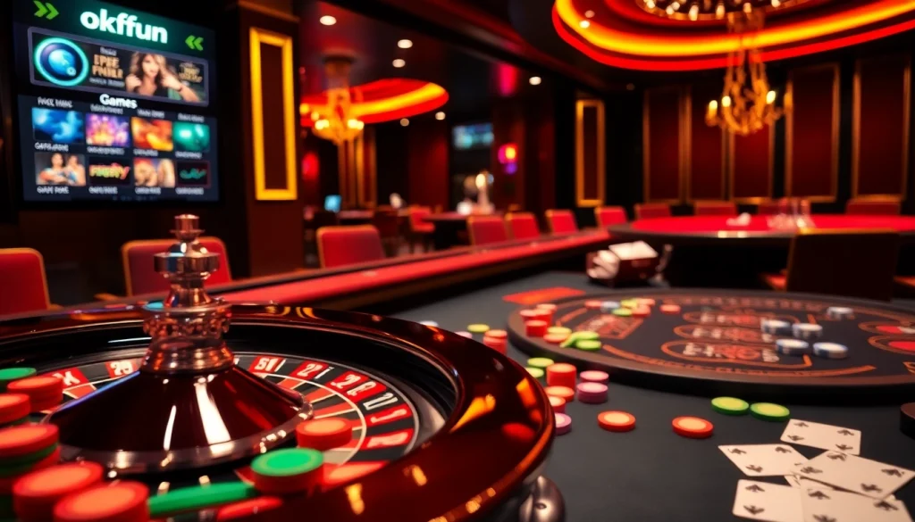 Play thrilling games at okfun casino with a vibrant roulette table and poker action.