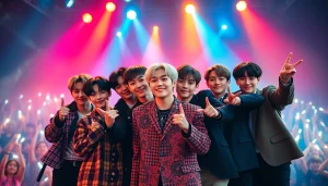 BTS members performing energetically at a concert, showcasing their unique styles and expressions.