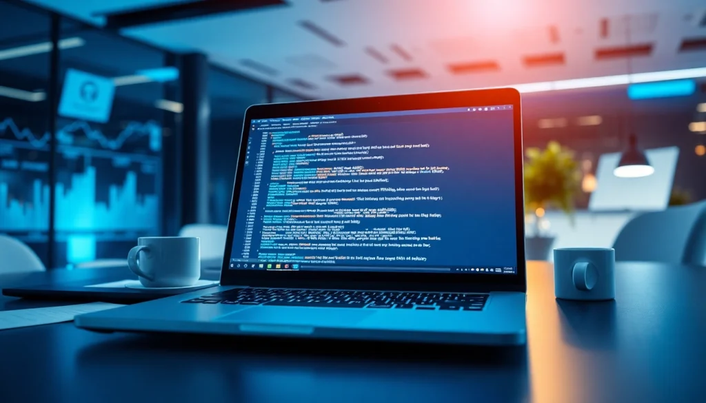 Innovative web scrapping workspace with financial charts and coding on laptop