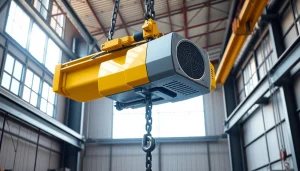Electric chain hoist crane lifting a heavy load in an industrial warehouse.