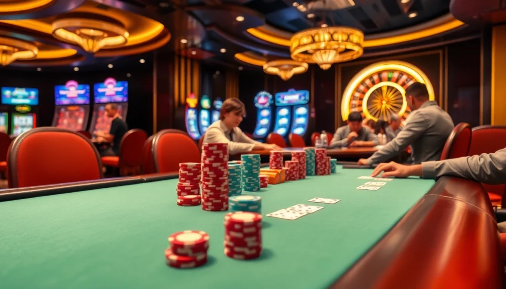 Experience high-stakes gambling at https://xx88.nl/ with a vibrant poker table and sleek slot machines.