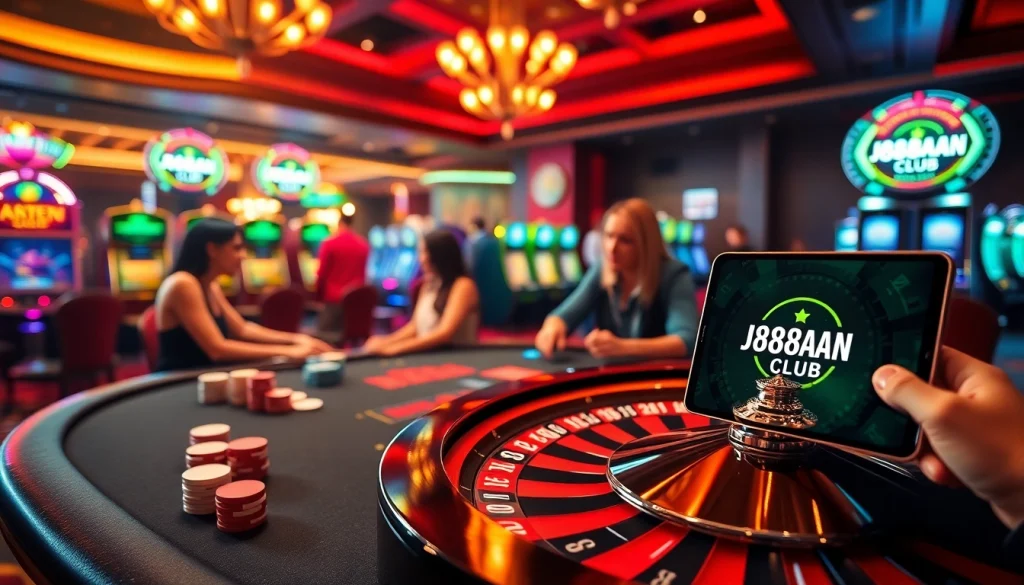 Players enjoying a thrilling game at J88AN.CLUB's vibrant casino with poker chips and roulette.