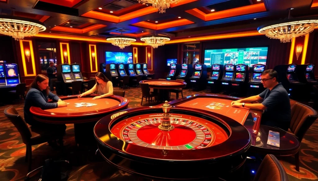 Experience the thrill of gaming at 7upbet with luxury casino tables and vibrant slot machines.
